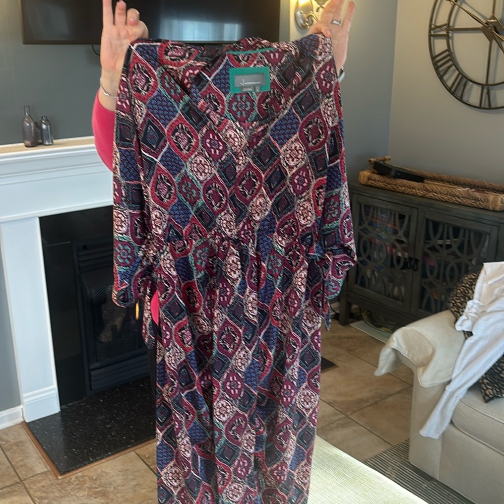 Anthropologie midi dress burgundy, pink, navy pattern